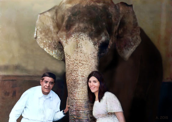 Jane Mossman with Jal Irani visiting Baba's elephant 'Sumitra' at the Poona Zoo. Image renditioned by Anthony Zois.