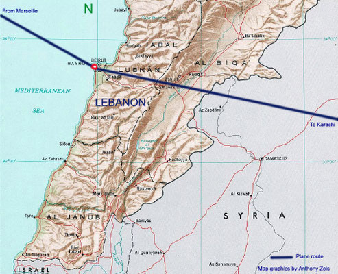 1952 : Plane route from Marseille to Beirut, then to Karachi. Map graphics by Anthony Zois.