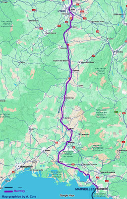 Marseilles to Lyon rail route. Map graphics by Anthony Zois.