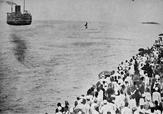 SS Rajputana sailing after leaving the dock at the Bombay wharf.