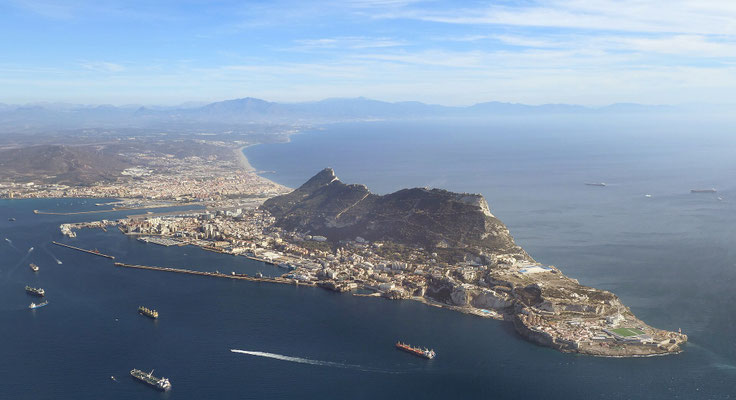 Aerial view of Gibraltar with Spain in the distance.