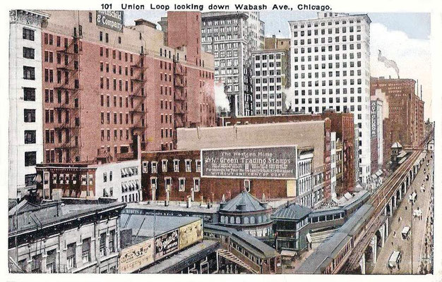 Postcard ; CHICAGO - WABASH AVE - AERIAL - ELEVATED UNION LOOP - NOTE S AND H GREEN STAMP SIGN - 1924