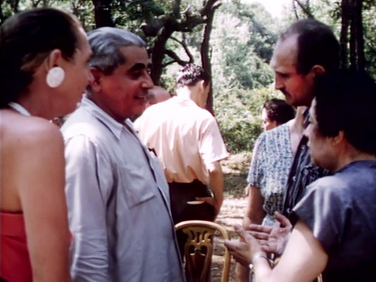 1956 ; Meher Center, Myrtle Beach, SC. ;  Adi K Irani talking to Harry Kenmore and Theresa DeBlasio (right). The images were captured by Anthony Zois from a film by Sufism Reoriented.