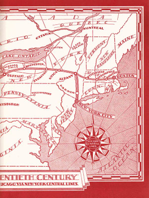 Maps of the New York City to Chicago train journey, Inside cover of "The Greatest Train in the World" by L.Beebe. Courtesy of Larry Karrasch