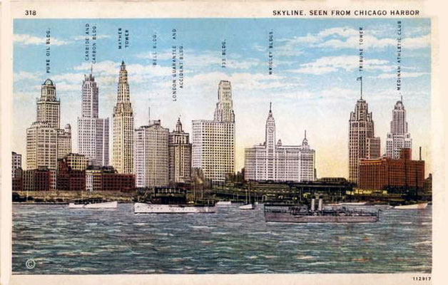 Postcard ; Chicago skyline from Lake buildings - named-1930s