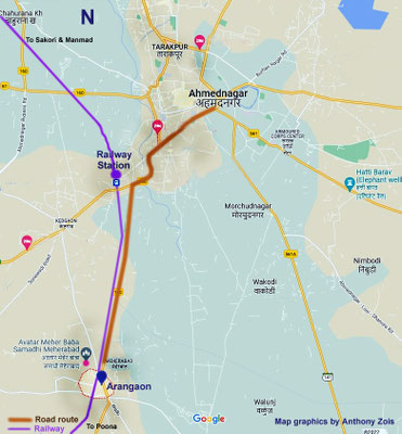 Map shows the road route that Meher Baba took from Ahmednagar to near Arangaon. Map graphics by Anthony Zois.