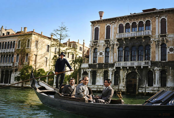 1932 April - Venice's canal, Italy. Meher Baba with his men Mandali. Image rendition by Anthony Zois. BP