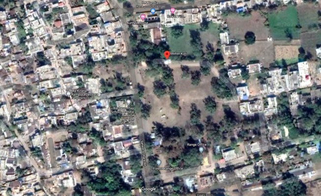 Mandla's suburb 'Deodhara' showing where Meher Kuti is located. Satellite image.