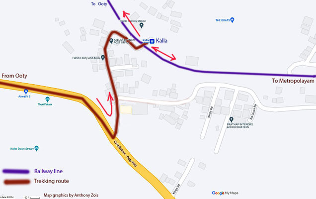 Map shows the trekking path Meher Baba took to Kalla Railway Station. Map graphics by Anthony Zois.