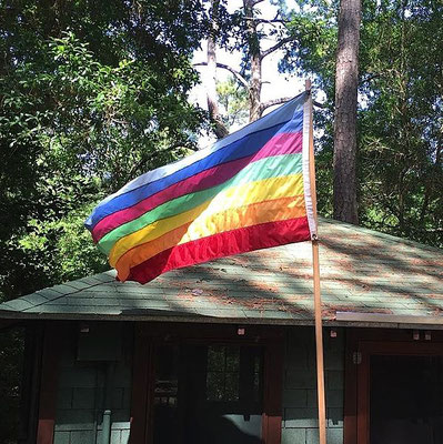 Baba's flag at the Lagoon Cabin, Meher Center, Myrtle Beach, SC.
