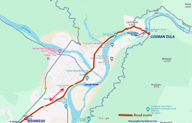 Map with the road route from Rishikesh to Luzman Zula. Map graphics by Anthony Zois.