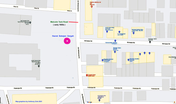 Hazrat Babajan's Dargah location - street image. Map graphics by Anthony Zois.