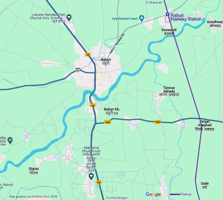 Map shows Rahuri and its surrounds.