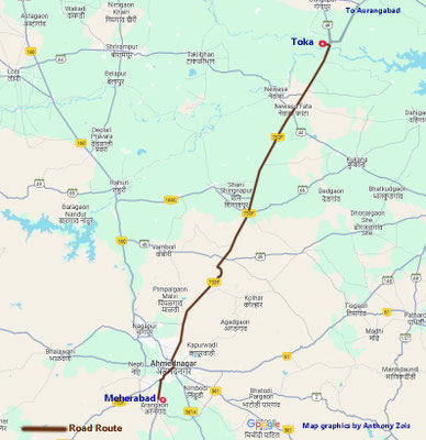 Map shows the road between Meherabad & Toka, India. Map graphics by Anthony Zois.