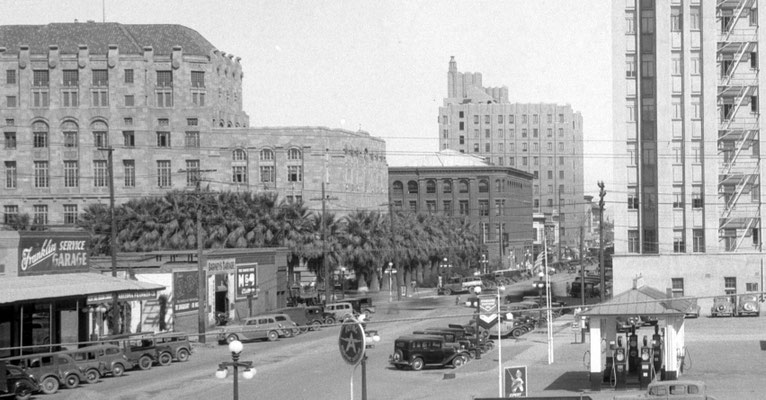 First Avenue looking north past the Maricopa County Courthouse- Phoenix City Hall, Fleming Building, and Phoenix Title and Trust Building