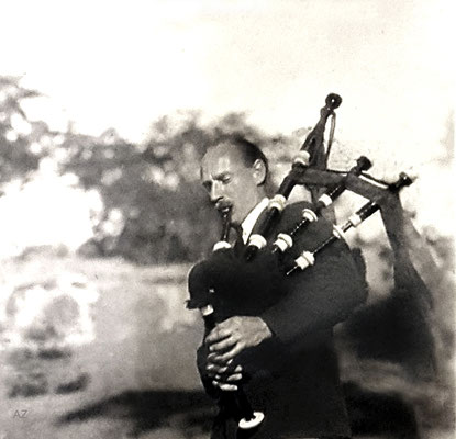 1933 - Kenneth playing the bagpipes in Connecticut ( cropped image ). Photo Courtesy of Anne Ross. Image edited by Anthony Zois