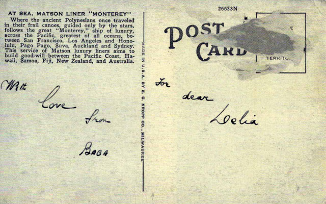 Postcard ( back ) received by Delia De Leon in London from Meher Baba. Courtesy of Delia's book "The Ocean Of Love".