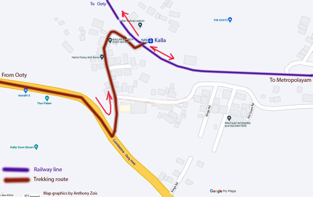 Map shows the trekking path Meher Baba took to Kalla Railway Station. Map graphics by Anthony Zois.