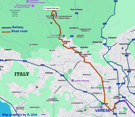 A funecular train was used to get to the top of the mountain. Map graphics by Anthony Zois.
