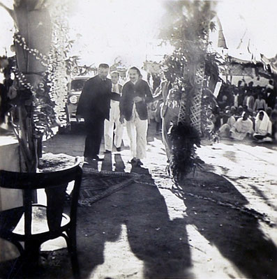 17th December 1939 - Meher Baba arriving to lay the Foundation for the new Centre. Bhyrumshaw D. Jessawala-Papa is assisting Baba, with Kaka Baria following.