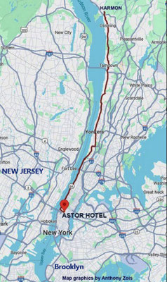 Map shows the road route between Harmon & the Astor Hotel, NY. Map graphics by Anthony Zois.