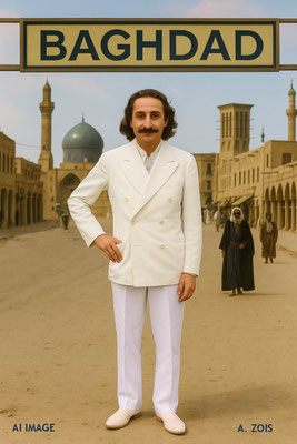 This AI image shows Meher Baba at Baghdad, Iraq. Image produced by Anthony Zois.