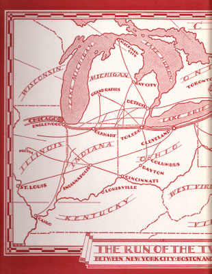 Maps of the New York City to Chicago train journey, Inside cover of "The Greatest Train in the World" by L.Beebe. Courtesy of Larry Karrasch