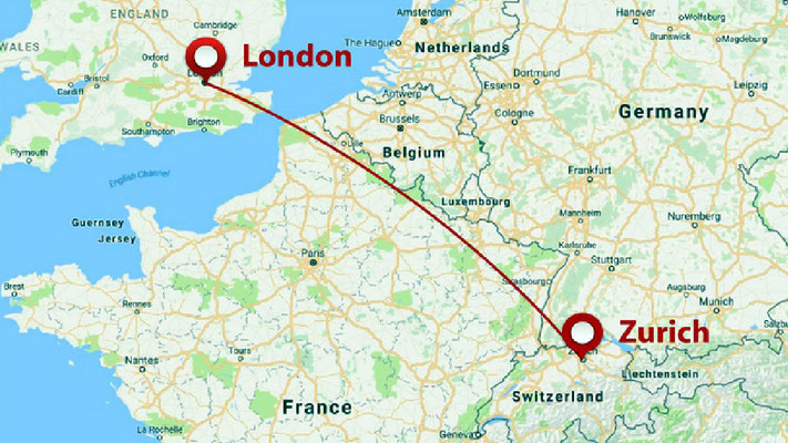Swissair flight path from London to Zurich, Switzerland