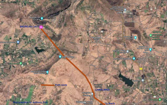 Aerial map path route to Bhorgad Cave area from Gawalwadi village.  Map graphics by Anthony Zois.