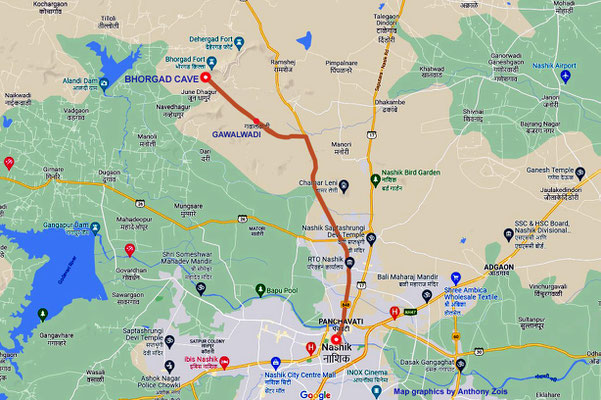 Map : Path route to Bhorgad Cave area from Gawalwadi village & Nasik. Map graphics by Anthony Zois.