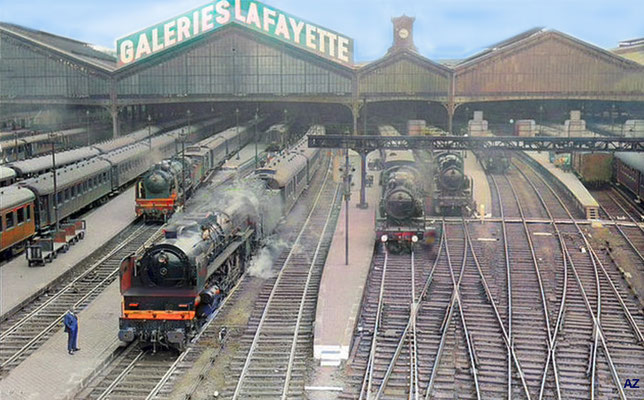 Gare St. Lazare Railway station - platform exterior. Image coloured by Anthony Zois.