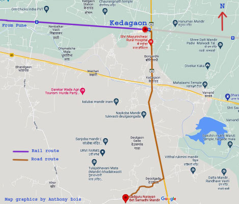 Map showing the train route to Kedgaon R.Station then road route to Narayan Maharaj's temple.
