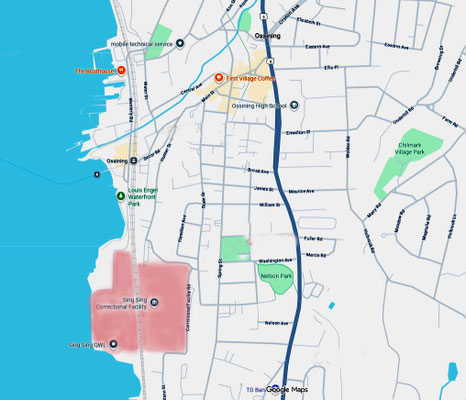 Map shows the town of Ossining with the Sing Sing Prison perimeter shaded. Map graphics by A. Zois.