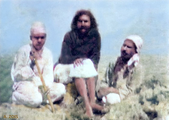 1927 : Meher Baba with Agha Ali (left) & a male mandali. Image rendition by Anthony Zois.