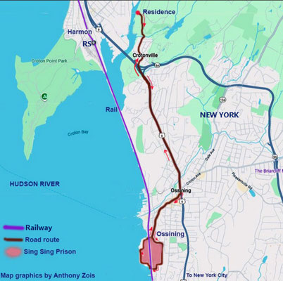 Map shows the road route from the house in Cronton to Ossining and back. Map graphics by A. Zois.