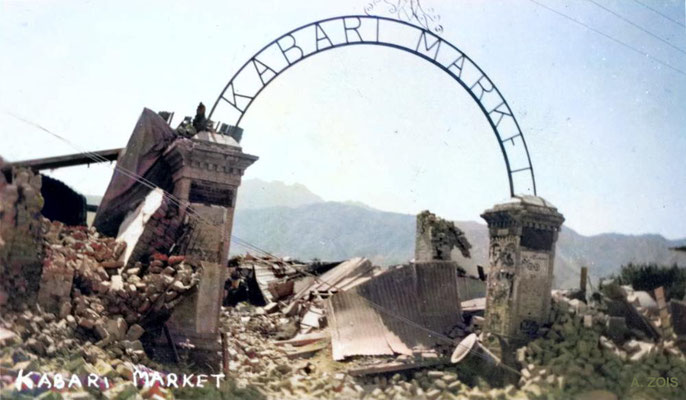 Kabari Market sign after the May 31st 1935 Earthquarke. Image rendition by Anthony Zois.