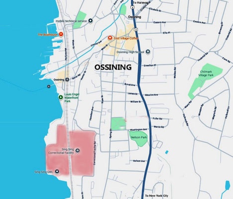 Map shows the town of Ossining with the Sing Sing Prison perimeter shaded. Map graphics by A. Zois.
