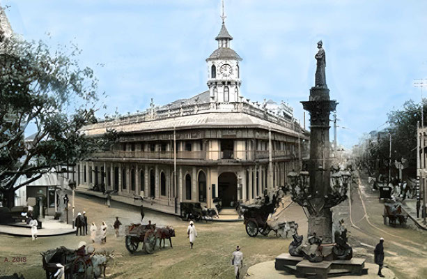 Byculla Railway Station street view. Image colourized by Anthony Zois.
