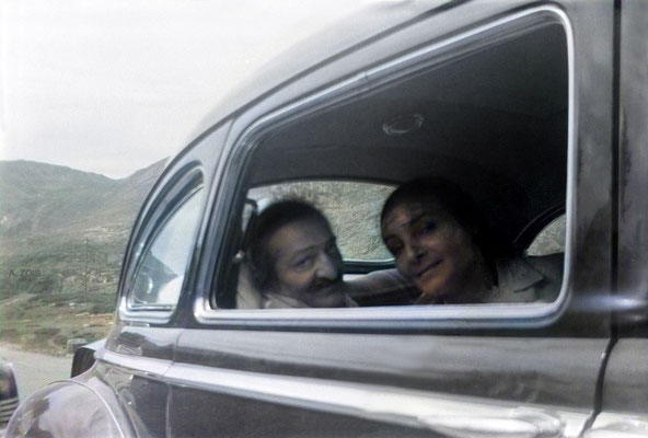 6th Aug. 1952. Baba with Mehera next to him showing her bandage on her forehead, on their way to Locarno from Zurich. Image rendered by Anthony Zois.