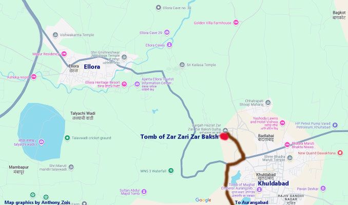 Map show the route to the Tomb of ZarZari Zar Baksh in Khuldabad.