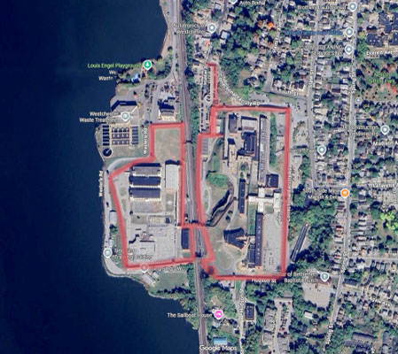 Aerial map shows the Sing Sing Prison perimeter shaded. Map graphics by A. Zois..