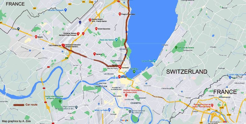 Map detail showing the 3rd stage of the route from Locarno to Geneva & route to the airport later. Map graphics by Anthony Zois.