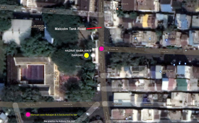 Hazrat Babajan's Dargah location - aerial image. Map graphics by Anthony Zois.