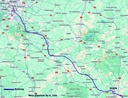 Dijon to Paris rail route Map graphics by Anthony Zois.