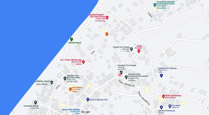 Map showing Udvada town. The temple is marked - top L/H