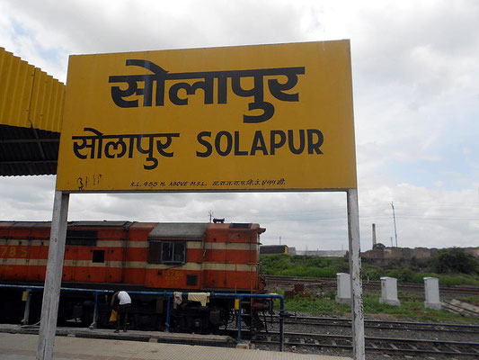 Sholapur Railway Station platform marker / sign.