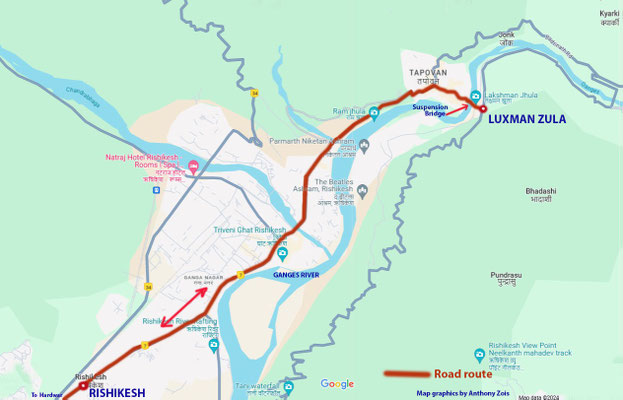 Map with the road route from Rishikesh to Luzman Zula. Map graphics by Anthony Zois.