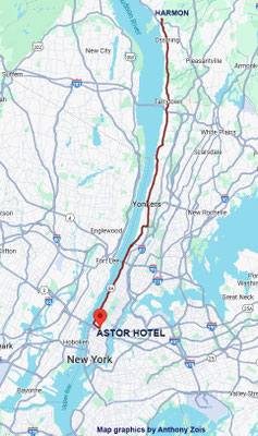 Map shows the road route between Harmon & the Astor Hotel, NY. Map graphics by Anthony Zois.
