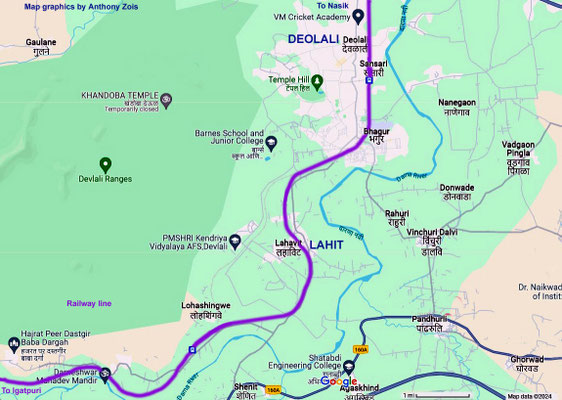 Map showing the train line from Deolali passed Lahit then onto Ugatpuri.
