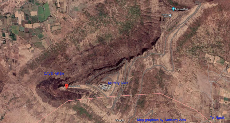 Bhorgad cave area - aerial.  Map graphics by Anthony Zois.